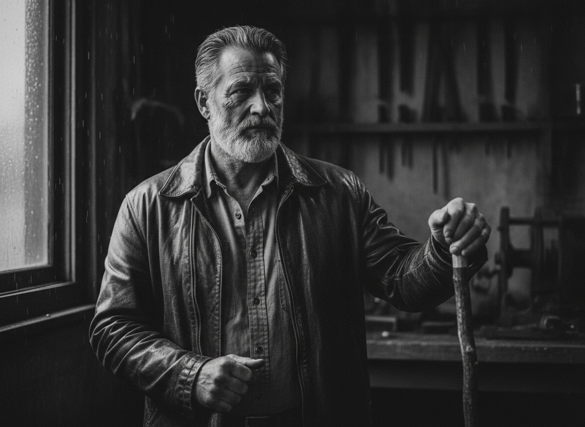 Cinematic, moody black-and-white photograph of a strong, weathered father figure standing in dramatic low-key lighting.
